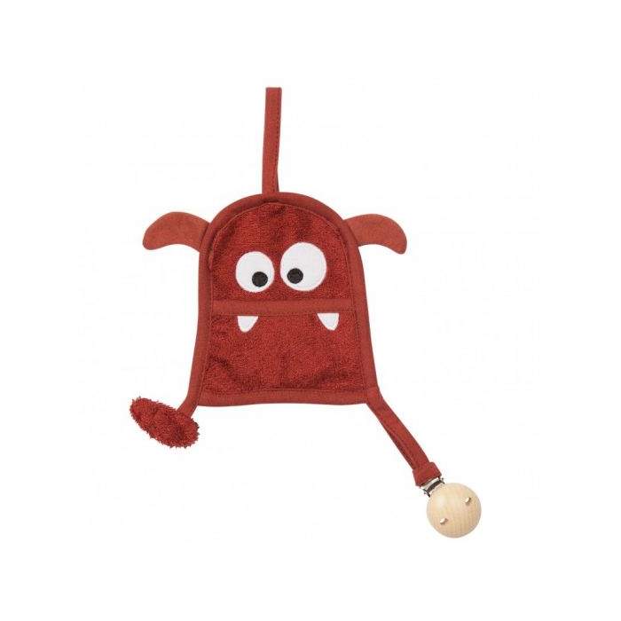 Textil din bambus pentru dentitie cu agatatoare suzeta din lemn Monstru Rosewood Timboo TM-TUTMO-532
