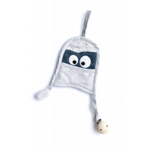 Textil din bambus pentru dentitie cu agatatoare suzeta din lemn Monstru Silver Grey Gri