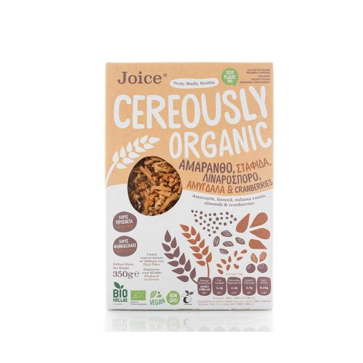  2101008 Cereale Organice cu Amarant, Seminte de In, Stafide Sultana, Migdale si Merisoare 350g Joice Food 