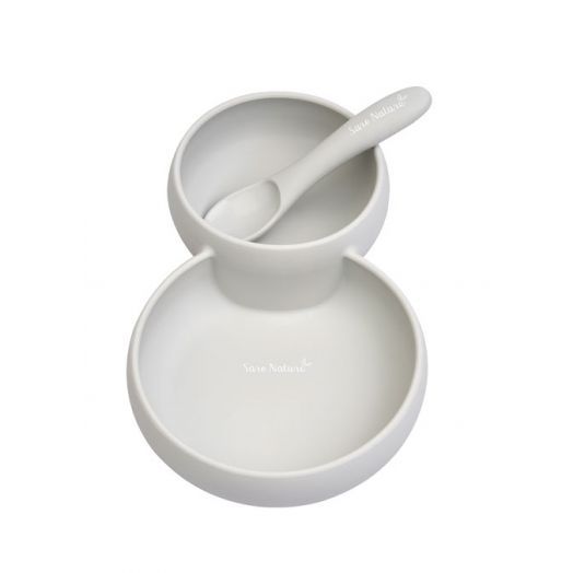 Set 2 in 1 Farfurie cu Bol si Lingurita din Silicon Twin Gri Gri