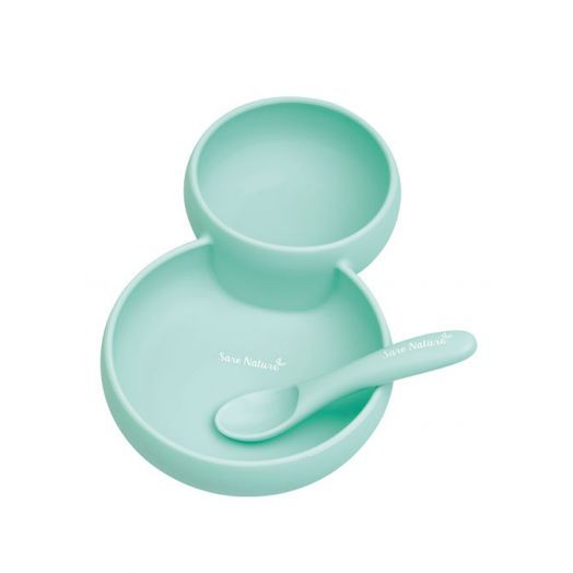 Set 2 in 1 Farfurie cu Bol si Lingurita din Silicon Twin Mint Verde