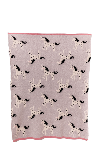 Paturica Tricotata din Bumbac Unicorni Gri cu Alb Gri