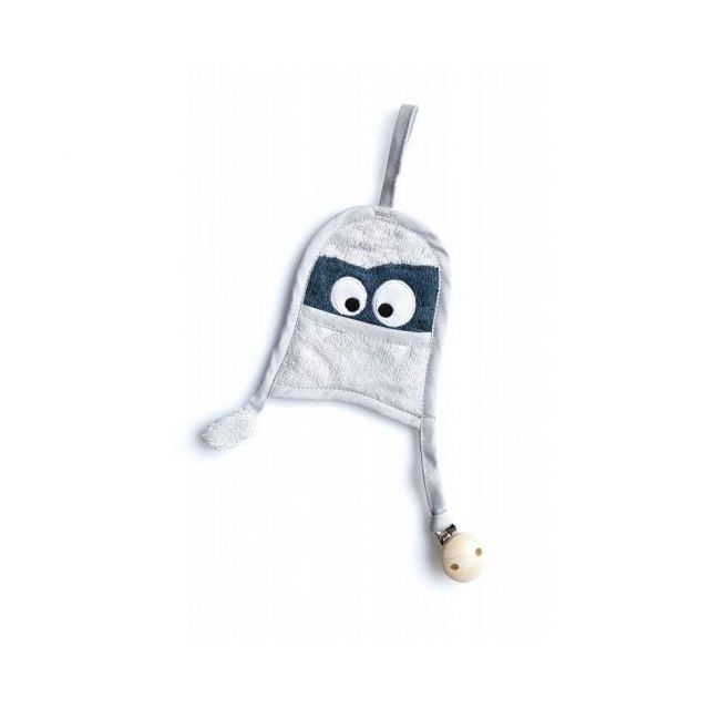 Textil din bambus pentru dentitie cu agatatoare suzeta din lemn Monstru Silver Grey Gri