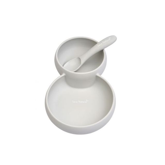 Set 2 in 1 Farfurie cu Bol si Lingurita din Silicon Twin Gri Gri